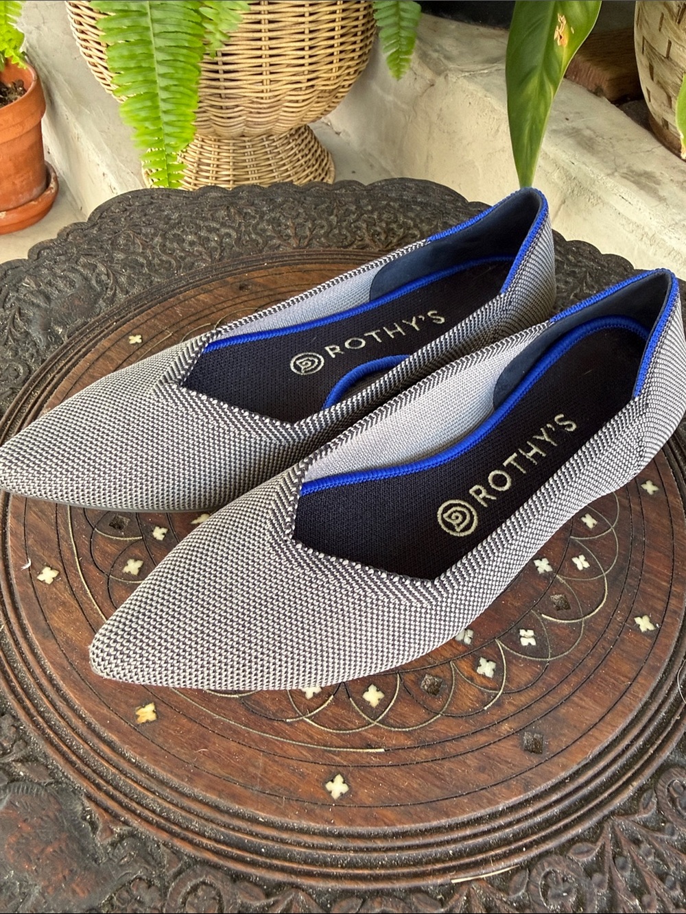 Rothy's The Point Knit Flats in Black/Gray with Blue Trim